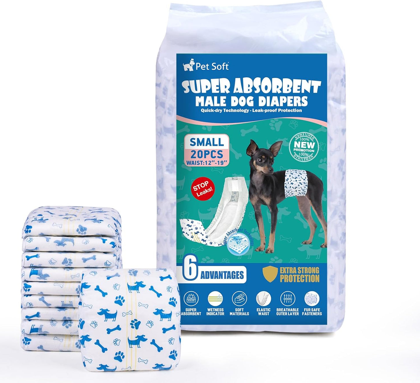 Pet Soft Male Dog Diapers - Disposable Male Dog Wraps Wetness Indicator, Puppy Diapers Male for Excitable Urination or Incontinence, 50pcs XSmall