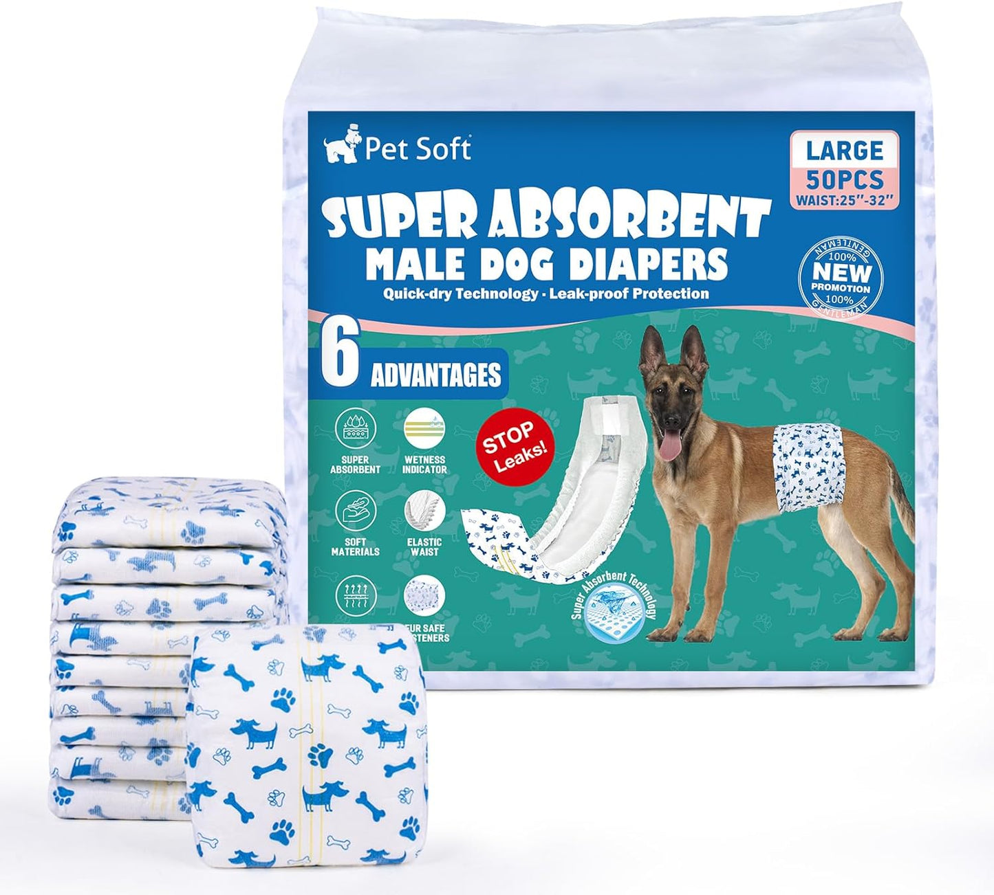 Pet Soft Male Dog Diapers - Disposable Male Dog Wraps Wetness Indicator, Puppy Diapers Male for Excitable Urination or Incontinence, 50pcs XSmall