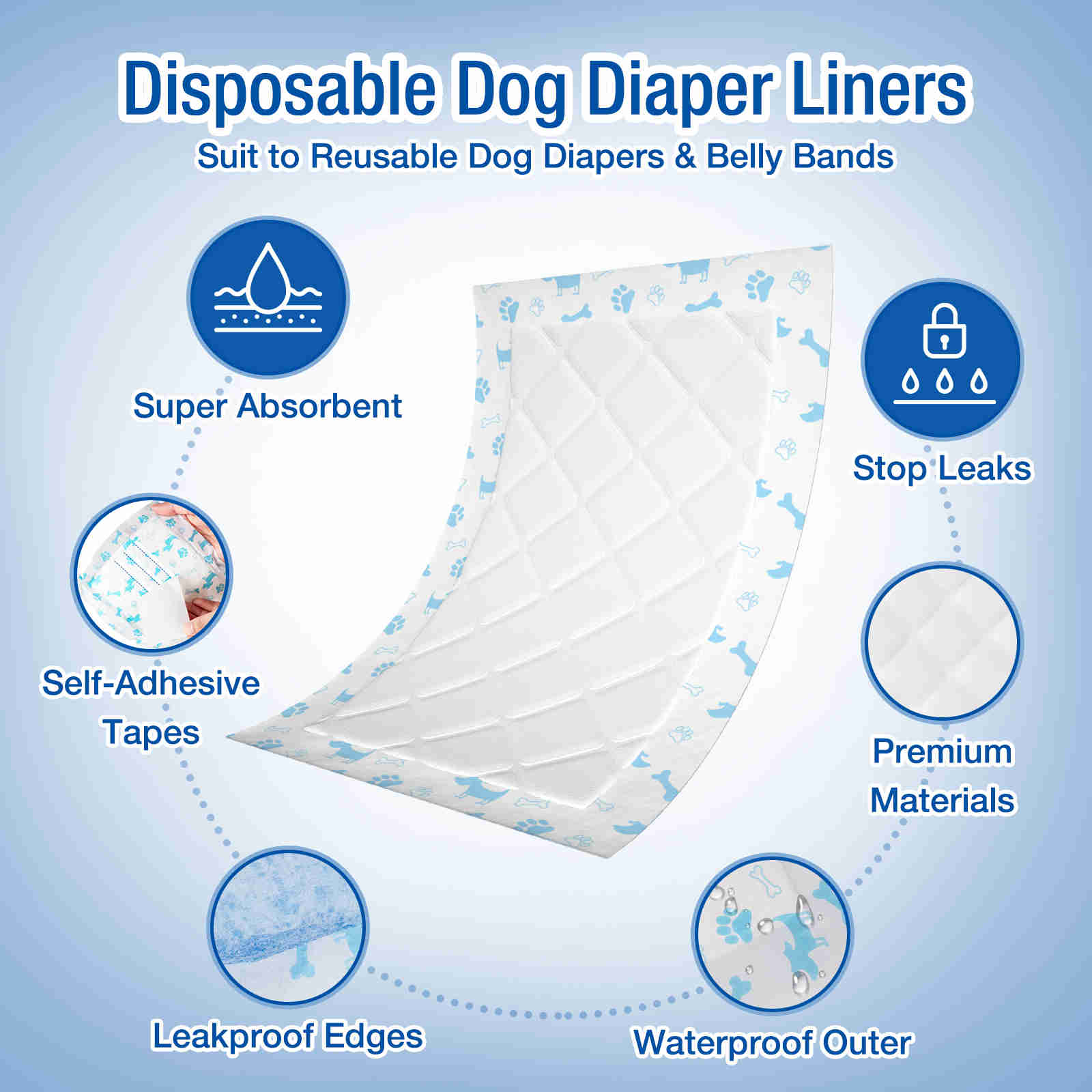 Disposable Dog Diaper Liners, Fit Most Dog Wraps and Belly Bands, Blue, 1 Pack
