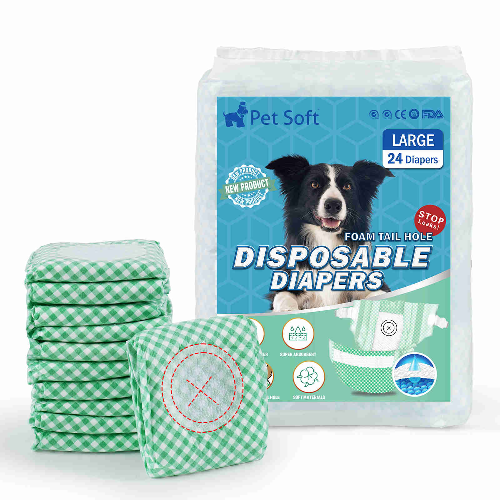 Disposable Female Dog Diaper, Adjustable Tail Hole, Green, 24 Pcs/ Pack