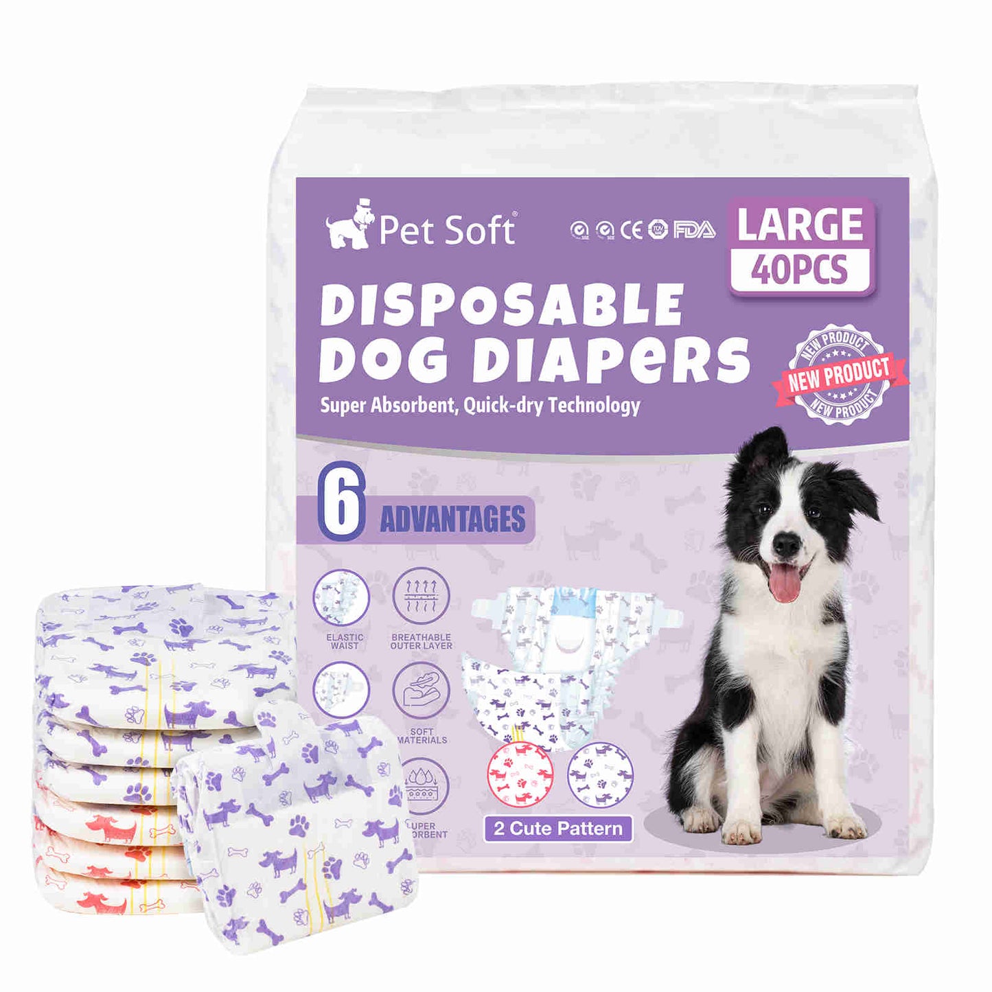 Disposable Female Dog Diaper, Adjustable Tail Hole with Wetness Indicator, Purple/Red, 1 Pack