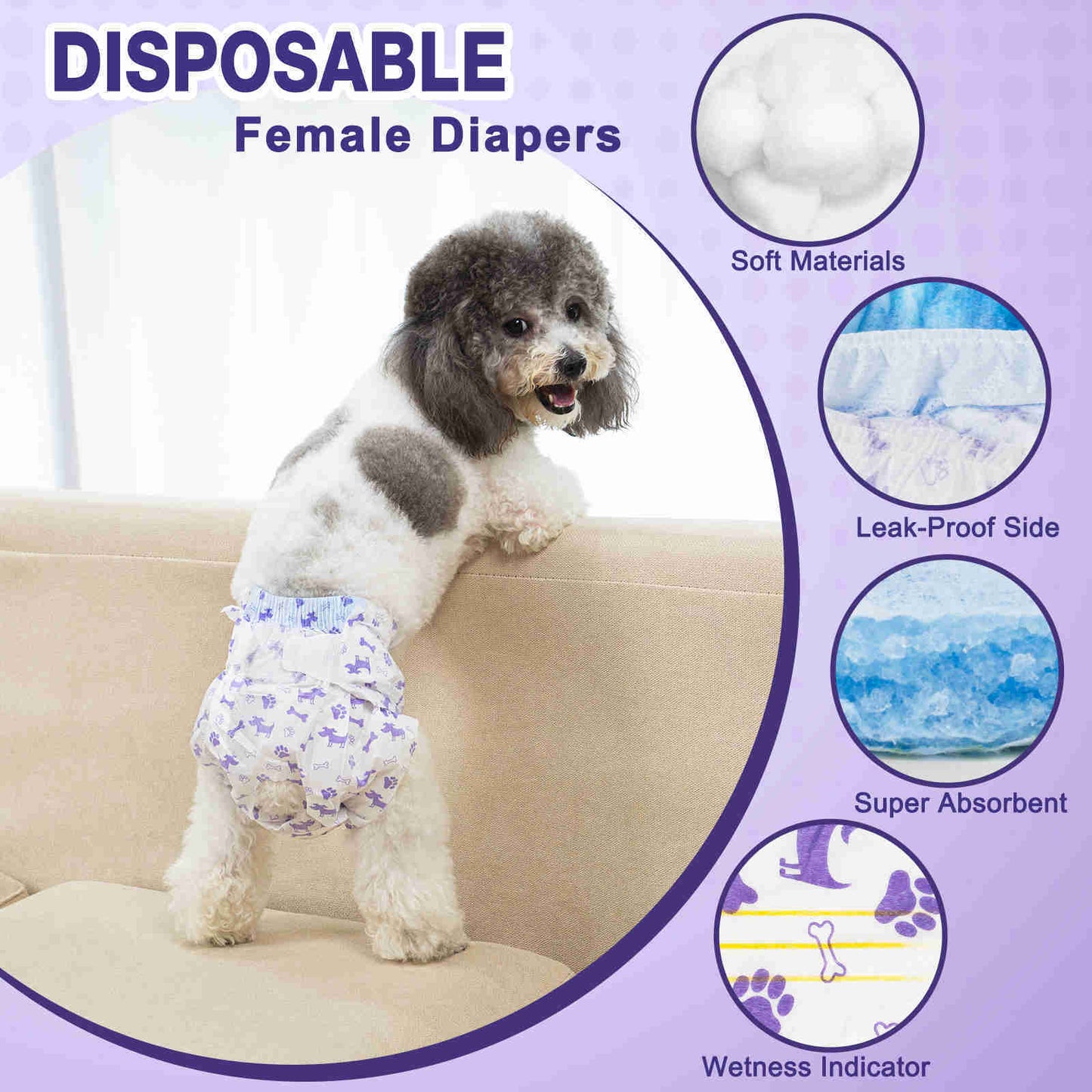 Disposable Female Dog Diaper, Adjustable Tail Hole with Wetness Indicator, Purple/Red, 1 Pack