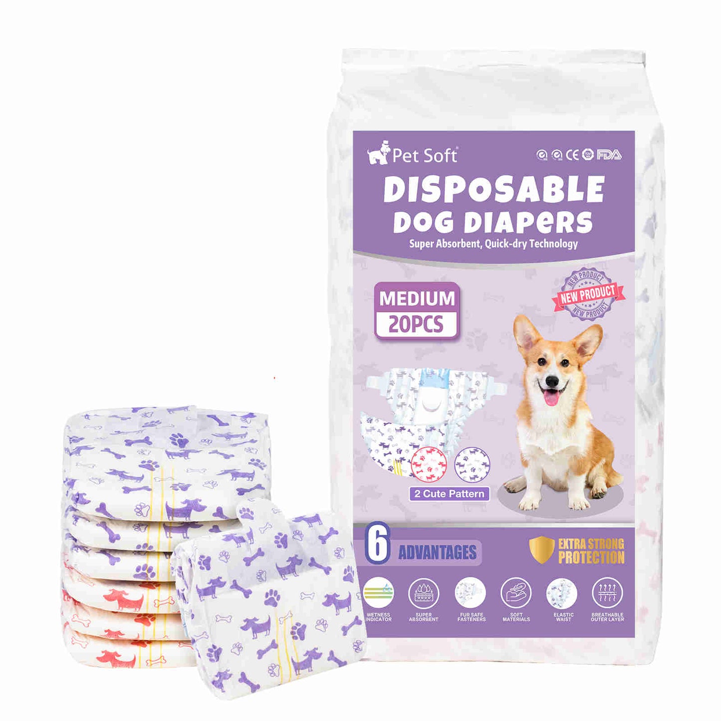 Disposable Female Dog Diaper, Adjustable Tail Hole with Wetness Indicator, Purple/Red, 1 Pack