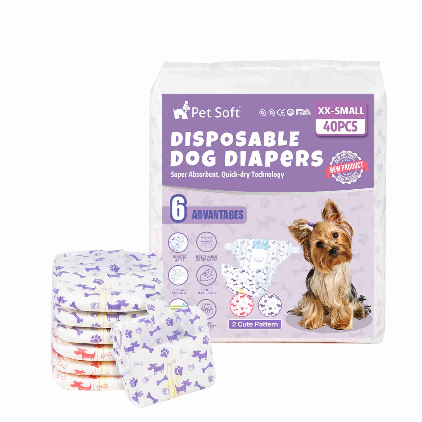Disposable Female Dog Diaper, Adjustable Tail Hole with Wetness Indicator, Purple/Red, 1 Pack