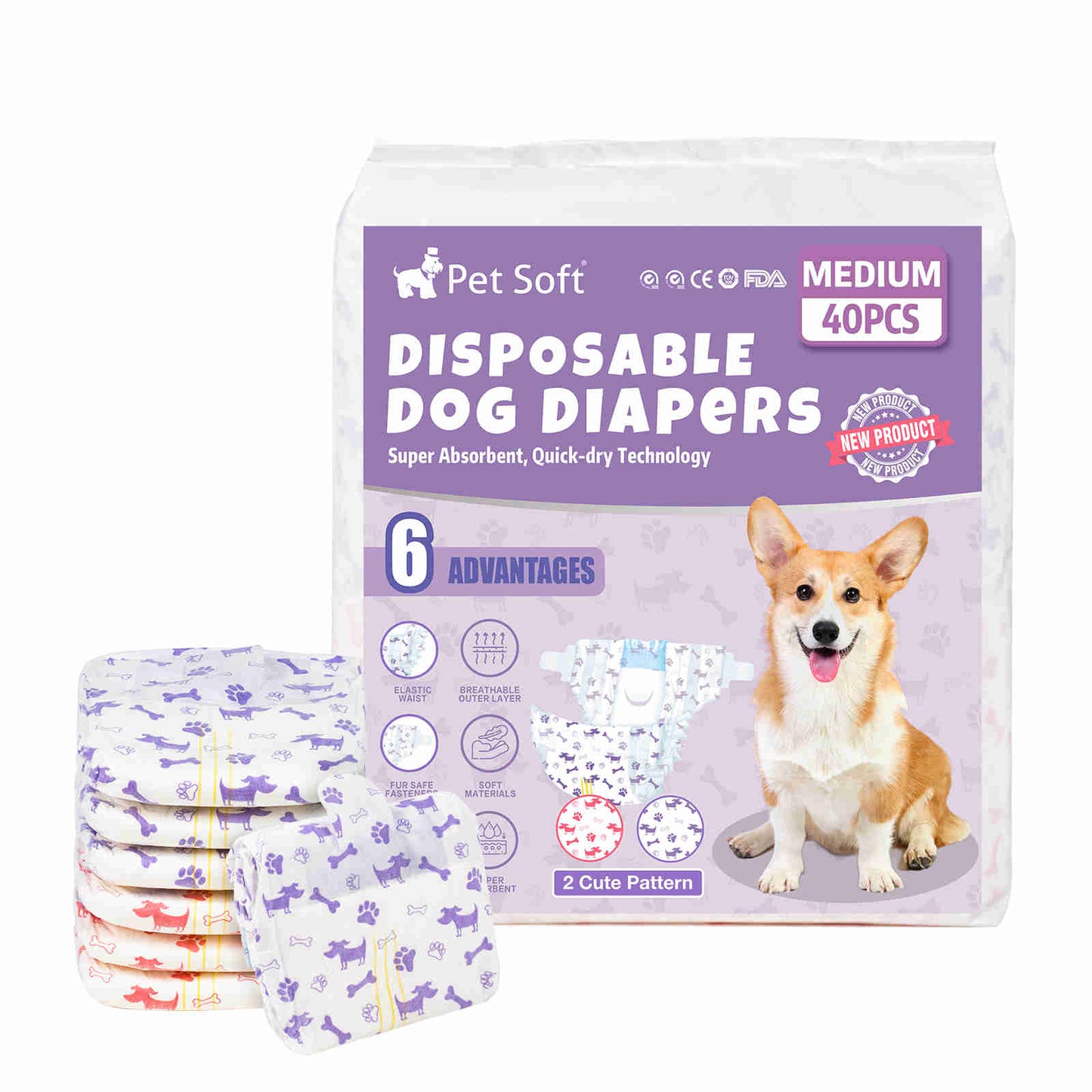 Disposable Female Dog Diaper, Adjustable Tail Hole with Wetness Indicator, Purple/Red, 1 Pack