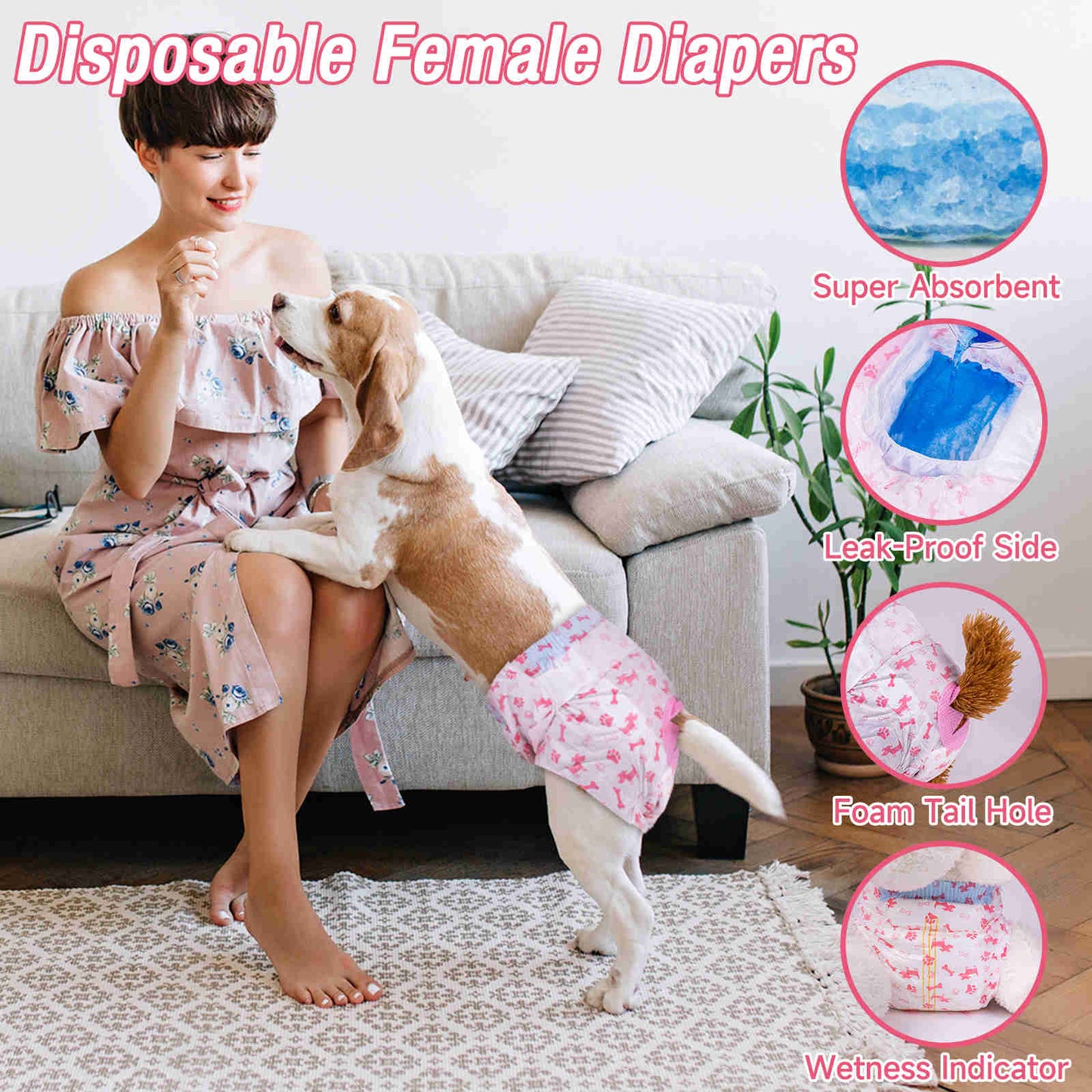 Disposable Female Dog Diaper, Adjustable Tail Hole with Wetness Indicator, Red, 1 Pack