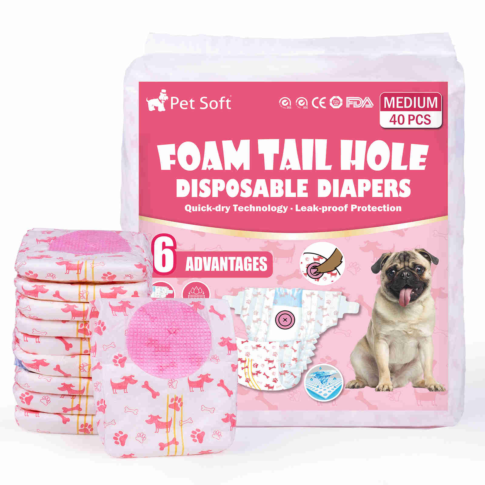 Disposable Female Dog Diaper, Adjustable Tail Hole with Wetness Indicator, Red, 1 Pack