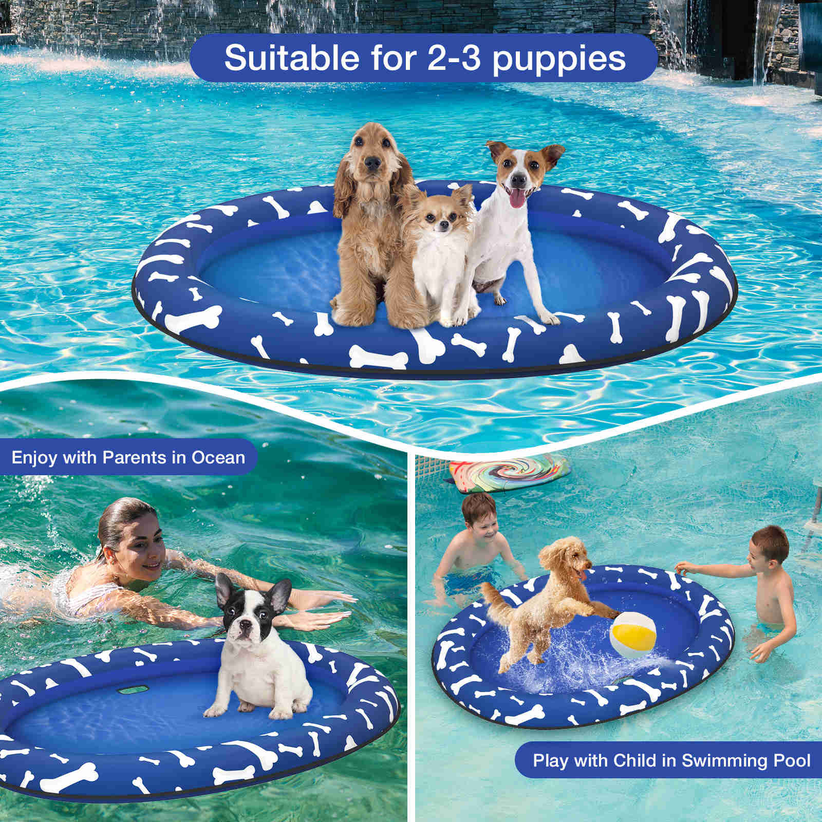 Dog Float Raft - Inflatable Dog Swimming Float for Summer, Blue Bone, 1 Pack