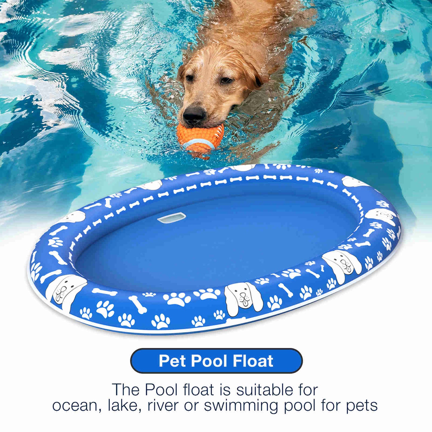 Dog Float Raft - Inflatable Dog Swimming Float for Summer, Blue & White Bone, 1 Pack