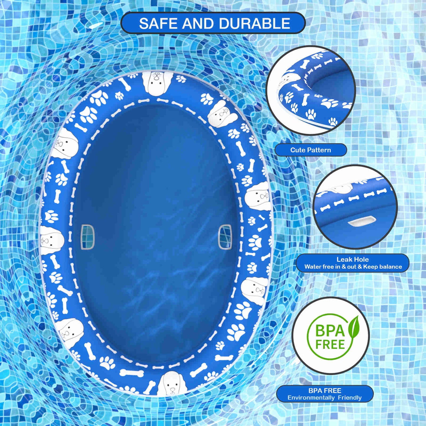 Dog Float Raft - Inflatable Dog Swimming Float for Summer, Blue & White Bone, 1 Pack