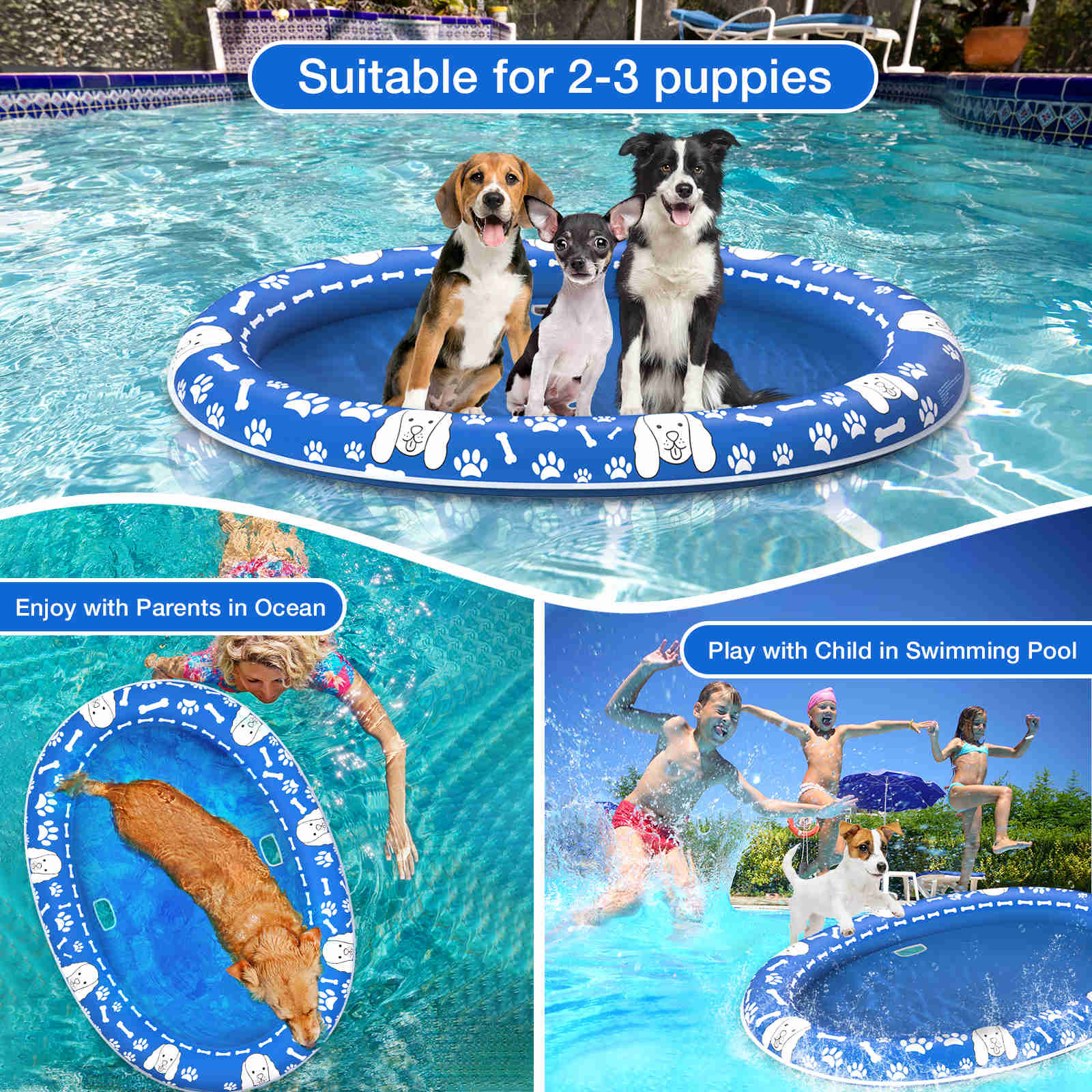Dog Float Raft - Inflatable Dog Swimming Float for Summer, Blue & White Bone, 1 Pack