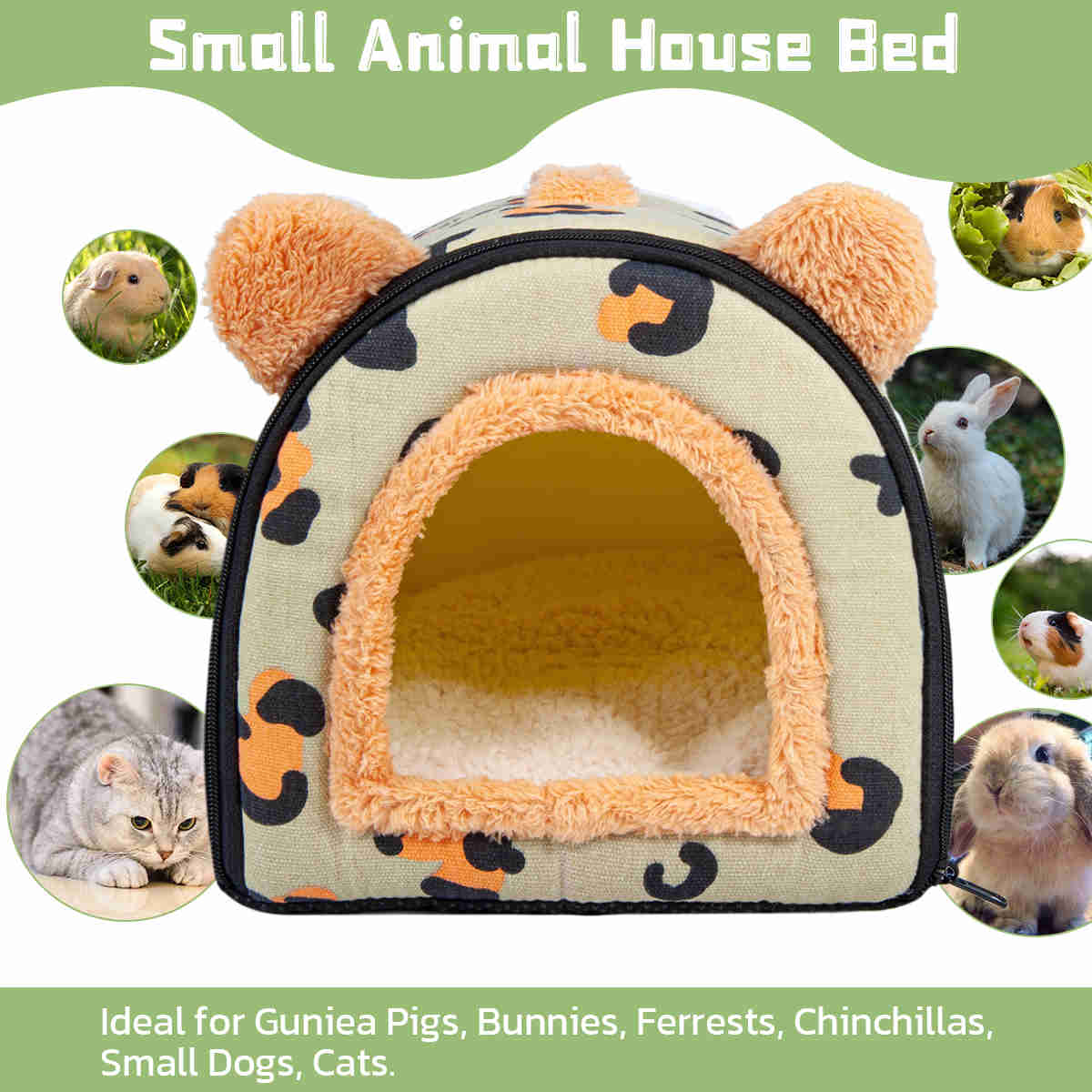Guinea Pig Hideout，Bunny Bed, Small Animal Bed, Small Animal Bed, 1 Pack (Leopard Green)