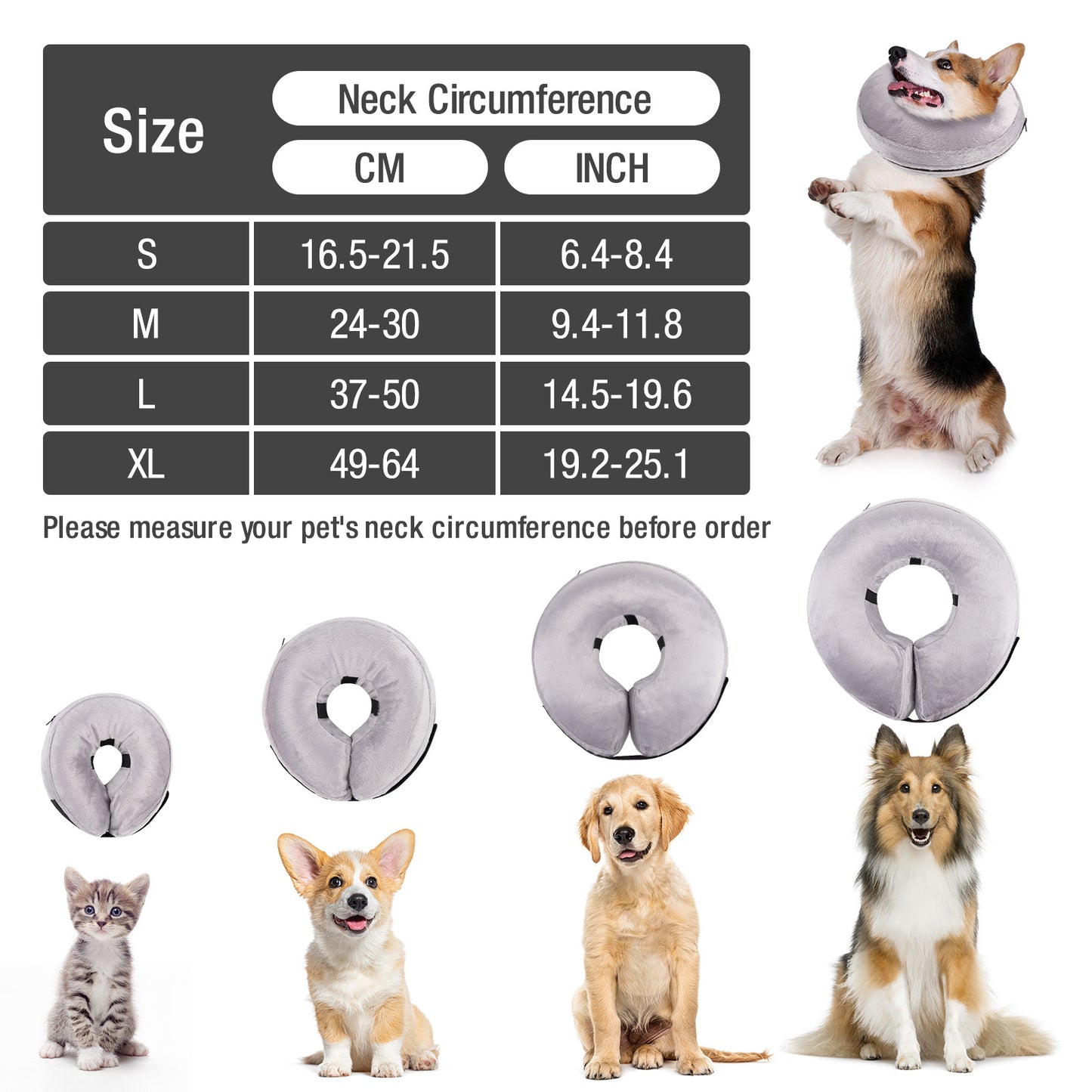 Inflatable Dog Collars-Adjustable Collars for dogs and Cats, 1 Pack (Grey)