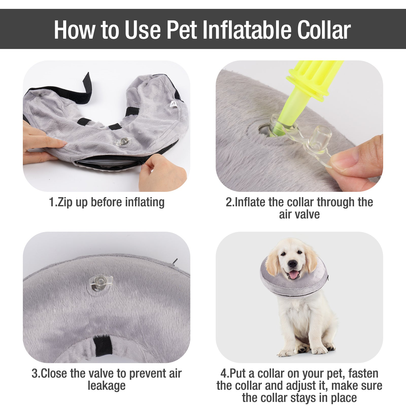 Inflatable Dog Collars-Adjustable Collars for dogs and Cats, 1 Pack (Grey)