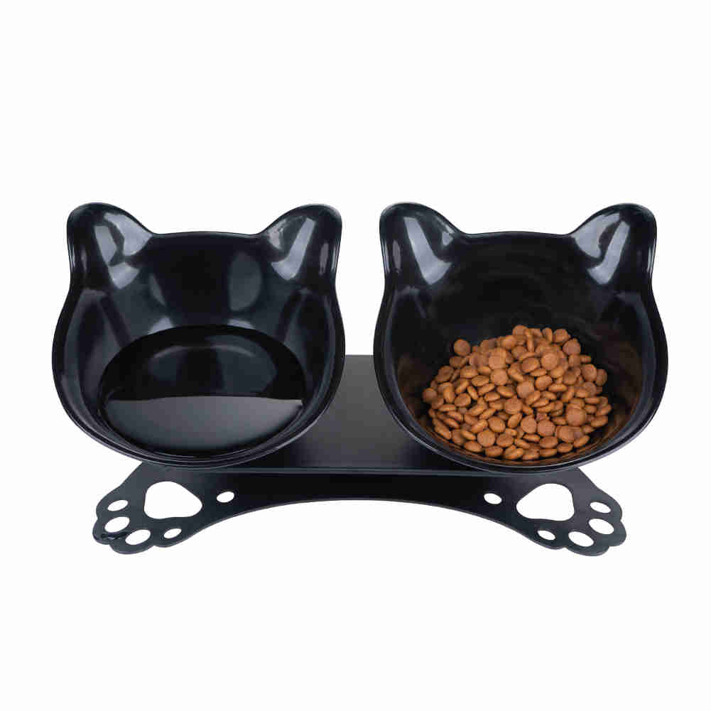 Tilted 15 Plastic Double Cat Feeding Bowls with Stand Black