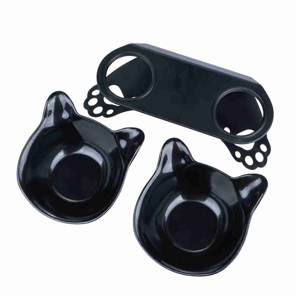 Tilted 15° Plastic Double Cat Feeding Bowls with Stand (Black)