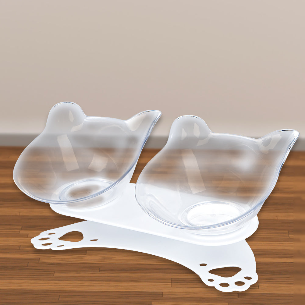 Tilted 15° Plastic Double Cat Feeding Bowls with Stand (Transparent)