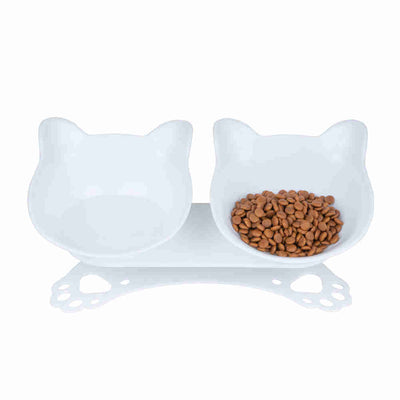 Tilted 15° Plastic Double Cat Feeding Bowls with Stand (White)