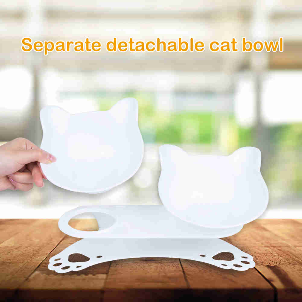 Tilted 15° Plastic Double Cat Feeding Bowls with Stand (White)