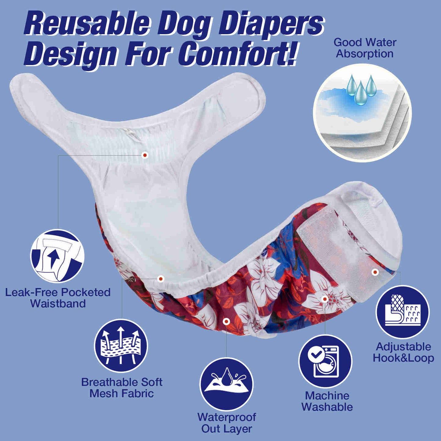 Washable Female Dog Diapers, Reusable Doggy Diapers, 3 Pack (Palm leaves)