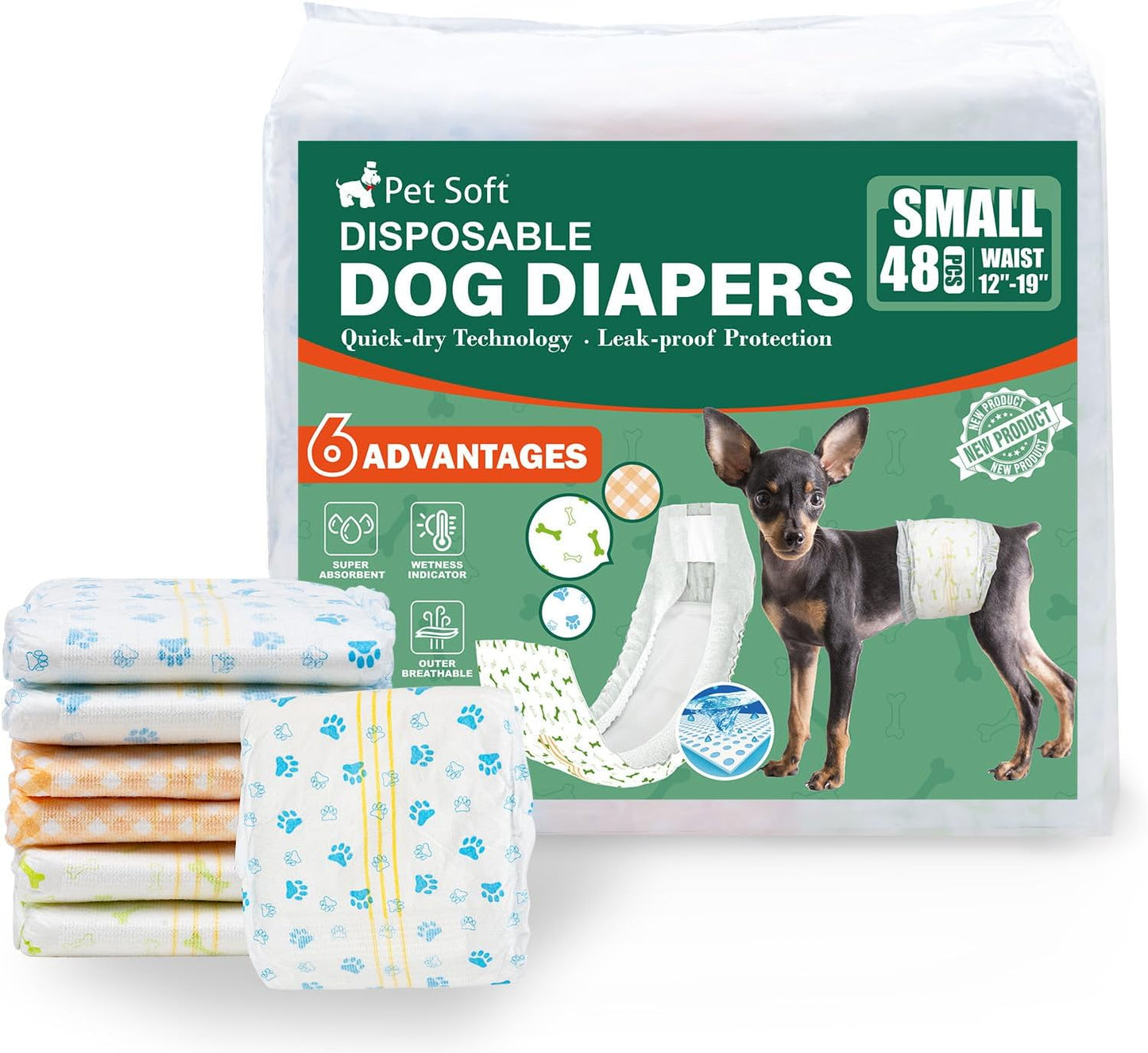 Pet Soft Disposable Dog Dipaers - Male Dog Wraps Wetness Indicator, Ultra Absorbent Puppy Diapers Male for Excitable Urination or Incontinence, 24pcs XSmall
