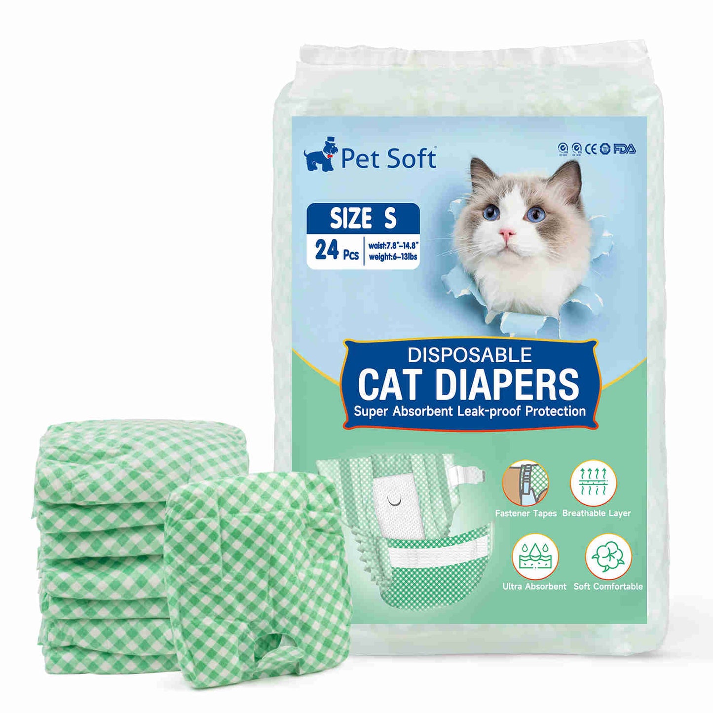 Disposable Cat Diapers, Green Plaid Pattern, 24 Pcs, 1 Pack