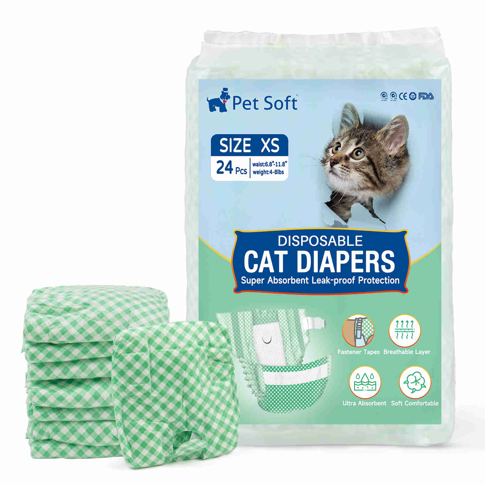 Disposable Cat Diapers, Green Plaid Pattern, 24 Pcs, 1 Pack