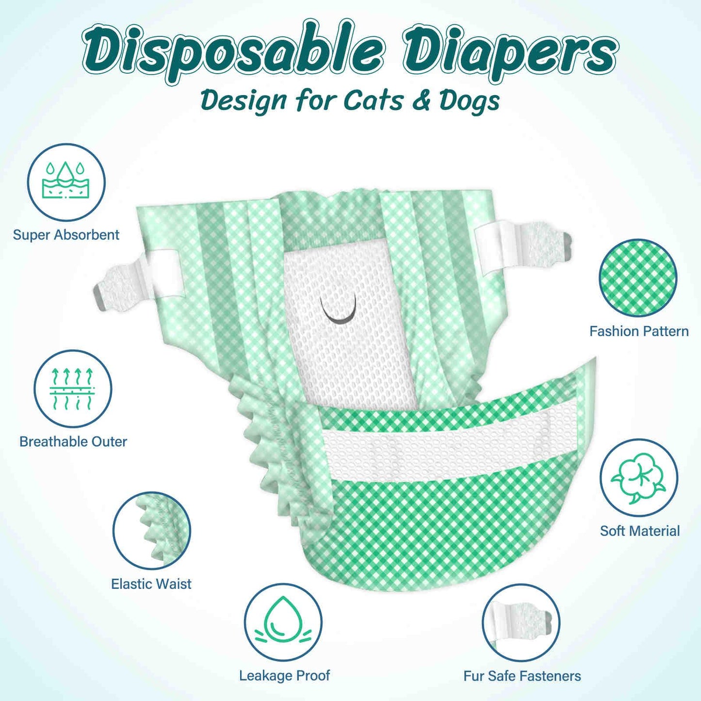 Disposable Cat Diapers, Green Plaid Pattern