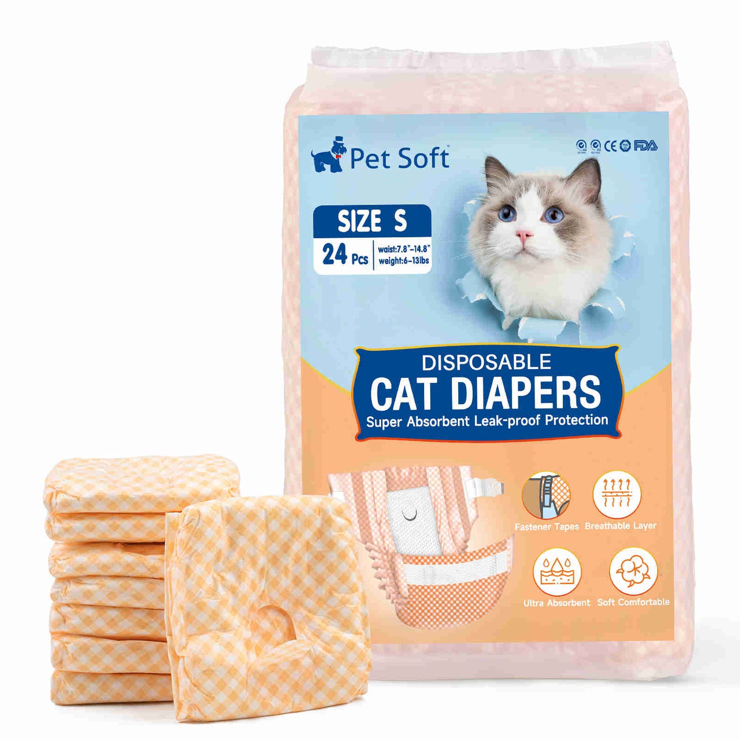 Disposable Cat Diapers, Orange Plaid Pattern, 24 Pcs, 1 Pack