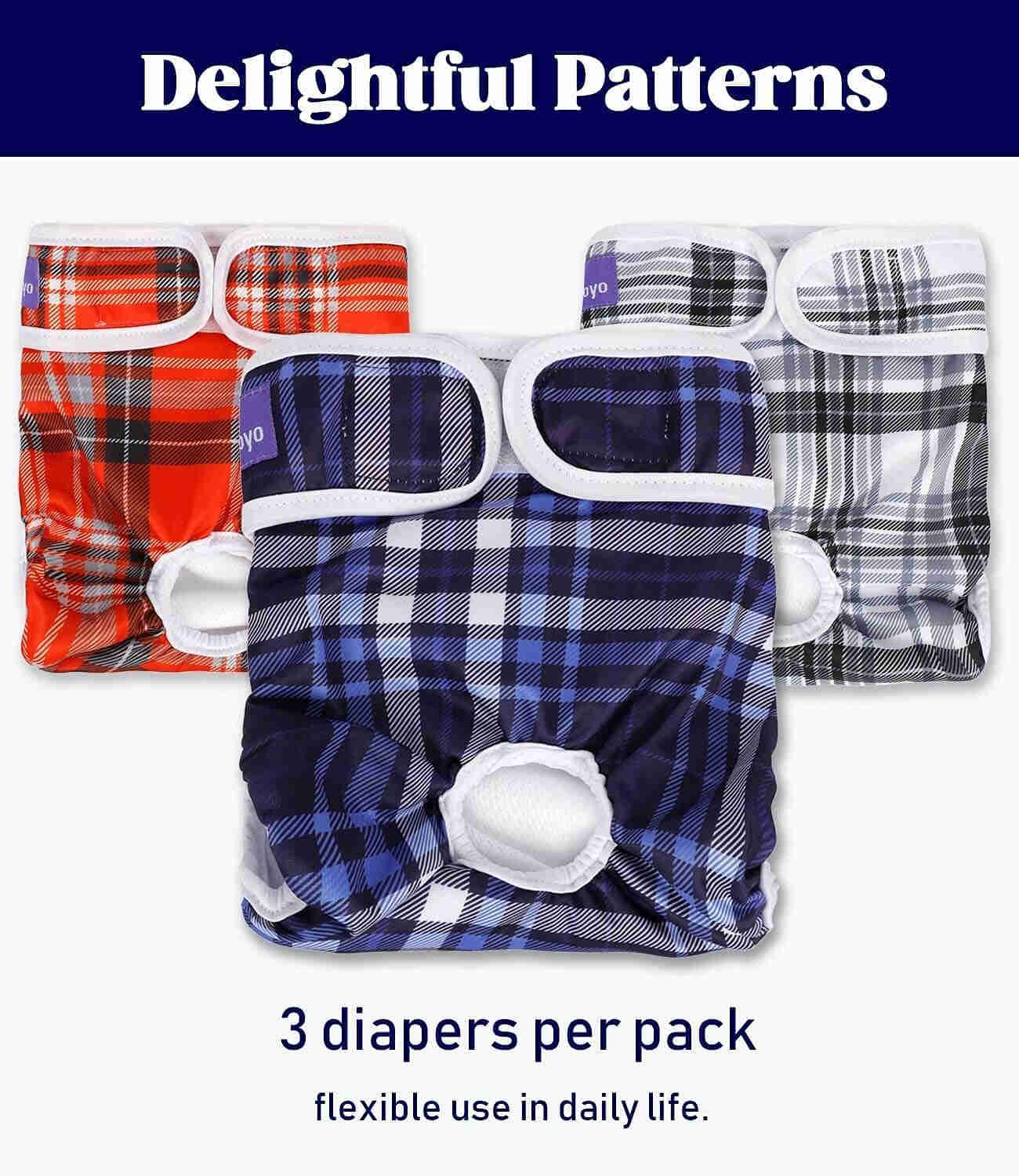 Washable Female Dog Diapers, Reusable Doggy Diapers, 3 Pack (Grid)
