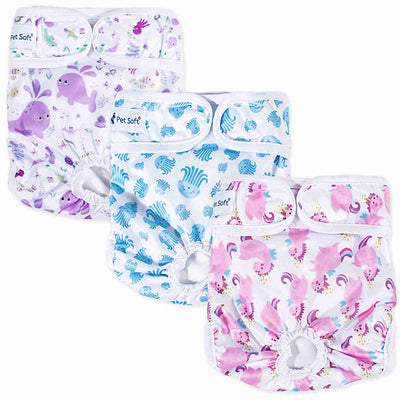 Washable Female Dog Diapers, Reusable Doggy Diapers, 3 Pack (Ocean)